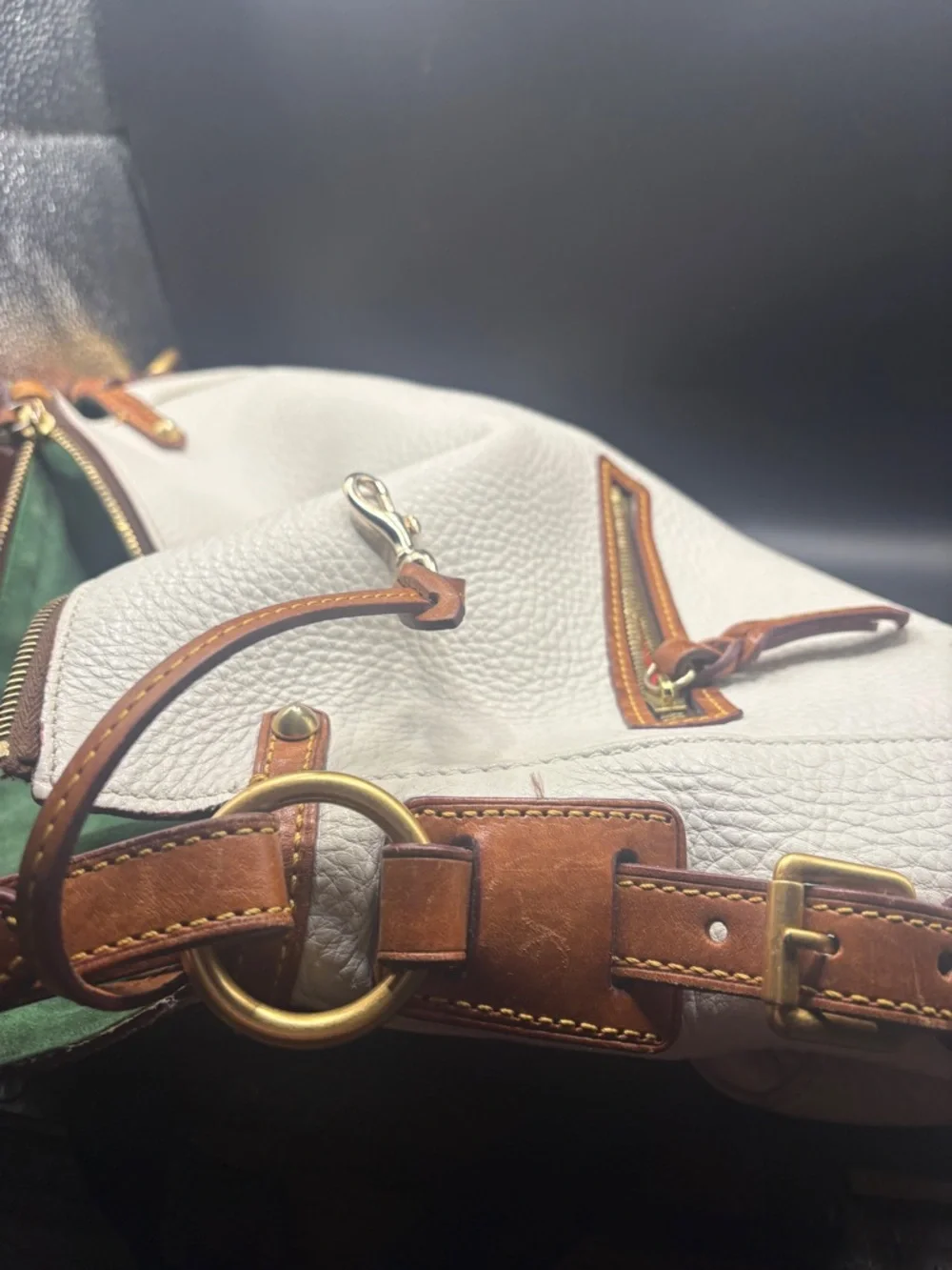 Dooney Bourke Pebble Grain White Leather Double Zip Pocket Hobo Bag Florentine - Picture 3 of 9